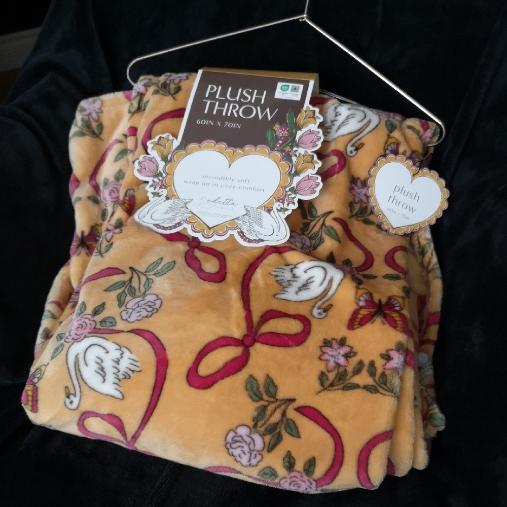NWT Odetta Fun Pattern Swans Butterfly Plush Throw Blanket Orange/Yellow 60 x 70